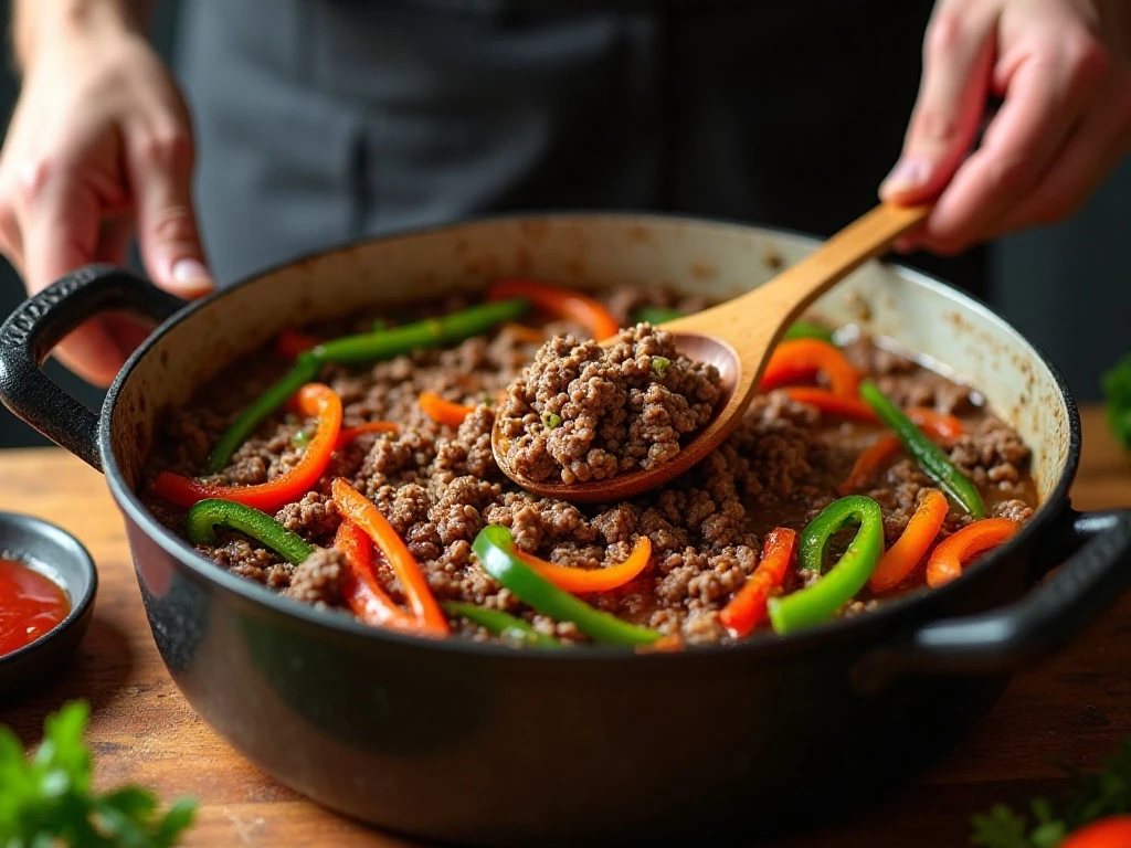 Ground beef, onion, and green pepper being cooked for goulash