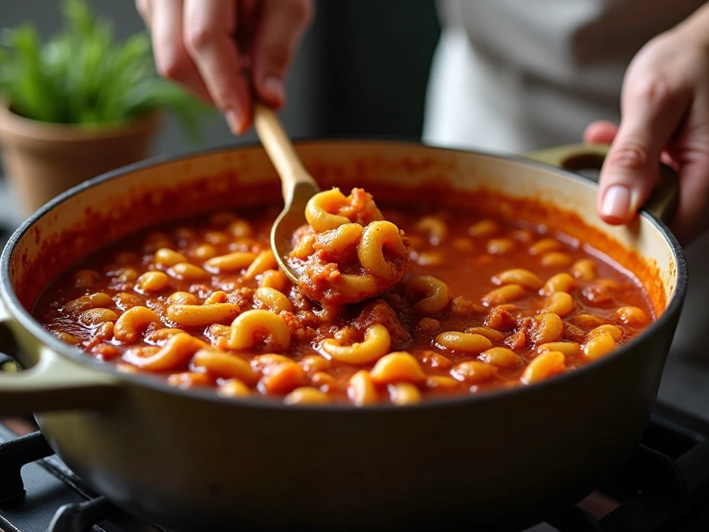 Elbow macaroni simmering in rich tomato beef sauce
