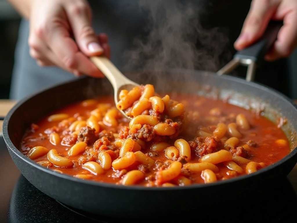 Stirring macaroni through the simmering goulash sauce
