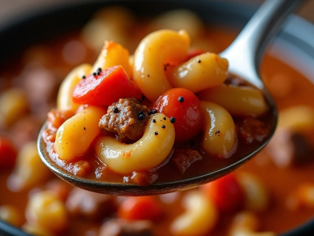 Close-up spoonful of saucy beef and macaroni goulash