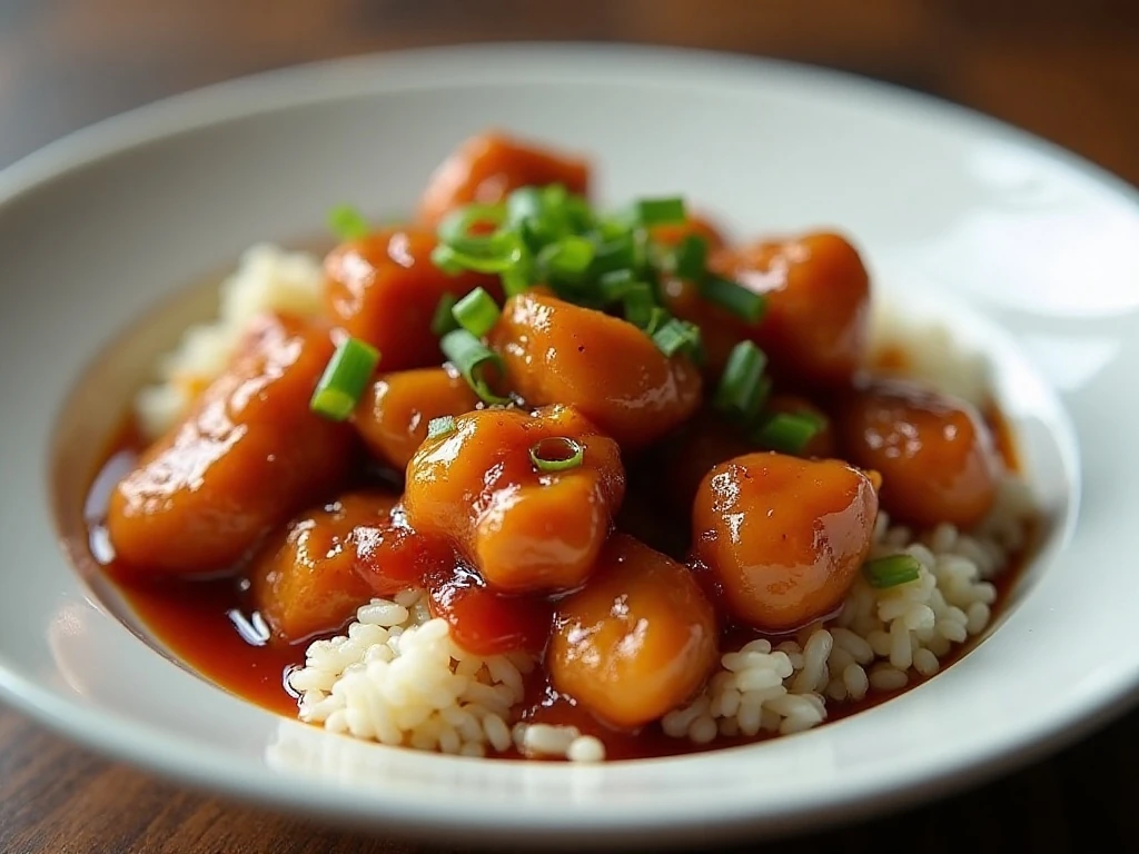 Easy General Tso's chicken served with rice and green onions