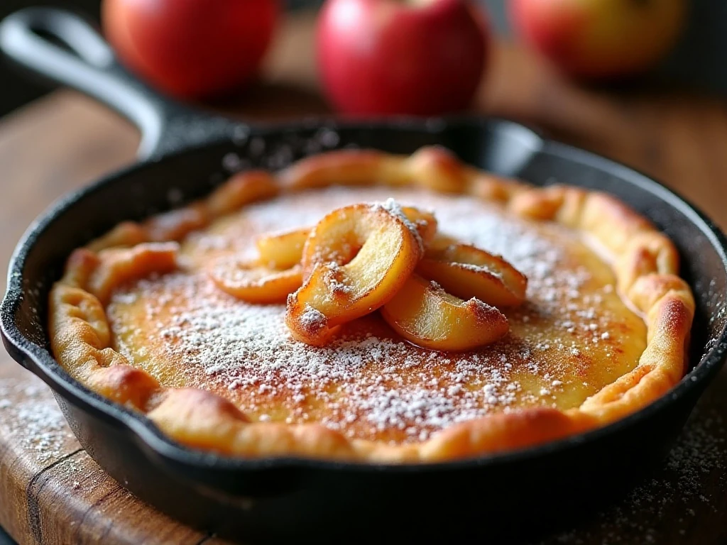 Freshly baked German apple pancake with cinnamon apples and powdered sugar