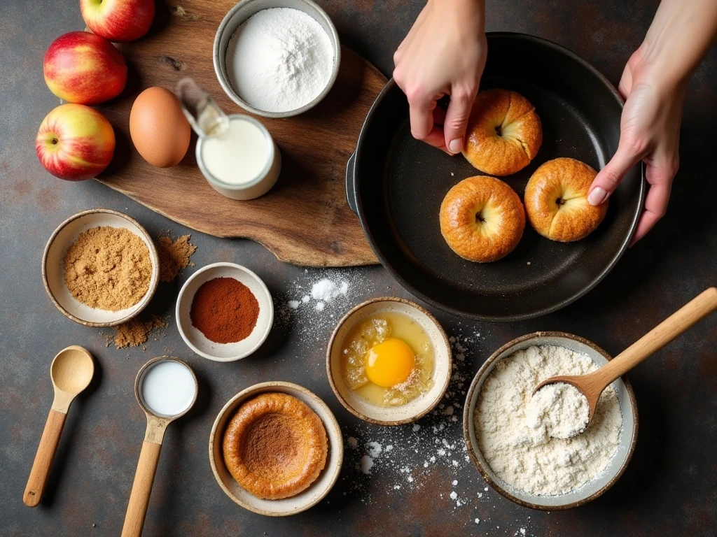 Ingredients for a German apple pancake arranged on a kitchen counter