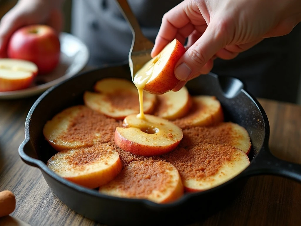 Cinnamon-glazed apples arranged in a skillet for a German apple pancake
