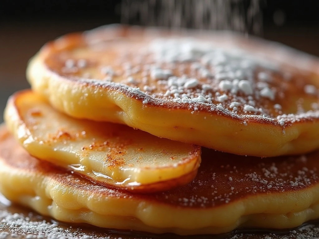 Close-up of golden crisp edges and cinnamon apples on a German pancake