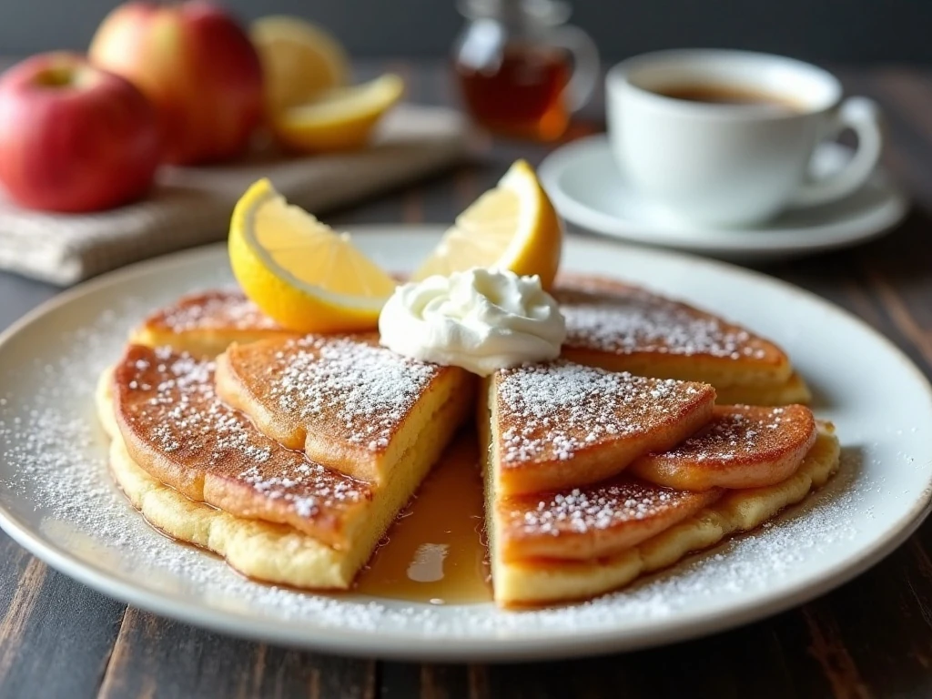 German apple pancake wedges served with powdered sugar, lemon, and maple syrup