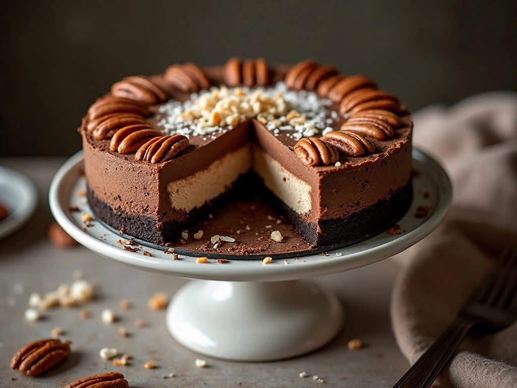 German chocolate cheesecake with coconut pecan topping and chocolate crust