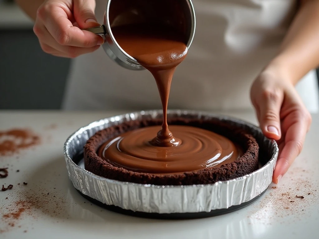 Pouring chocolate cheesecake batter over cookie crust