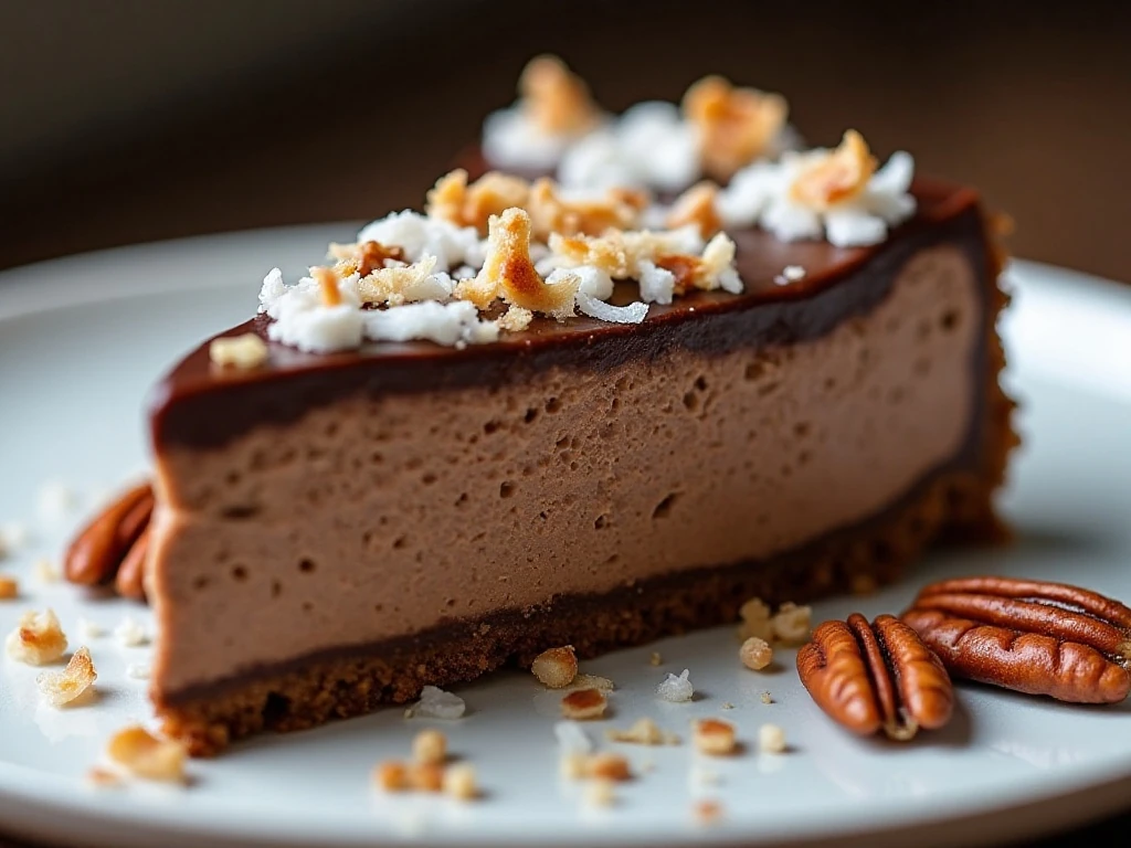 Close-up slice of coconut pecan German chocolate cheesecake