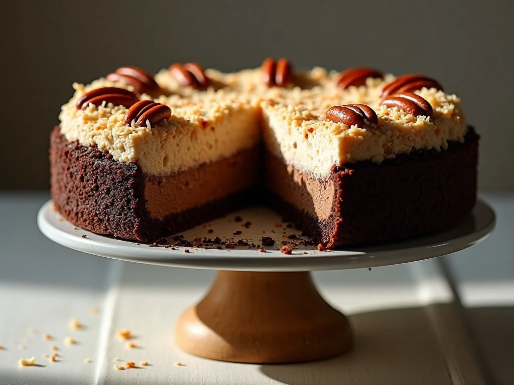Whole German chocolate cheesecake with one slice showing its layered filling and topping