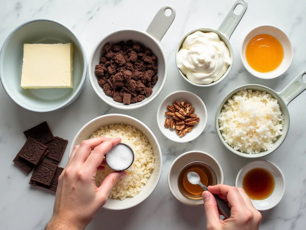 Measured ingredients for German chocolate cheesecake and coconut-pecan topping