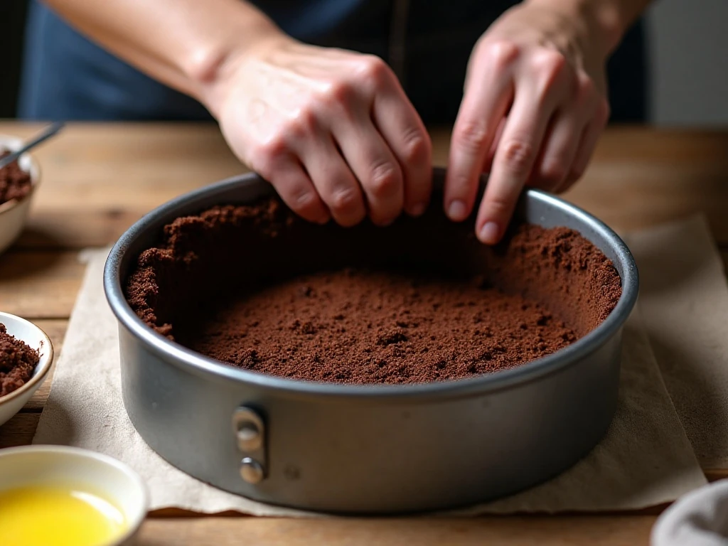 Chocolate cookie crust being pressed into a springform pan