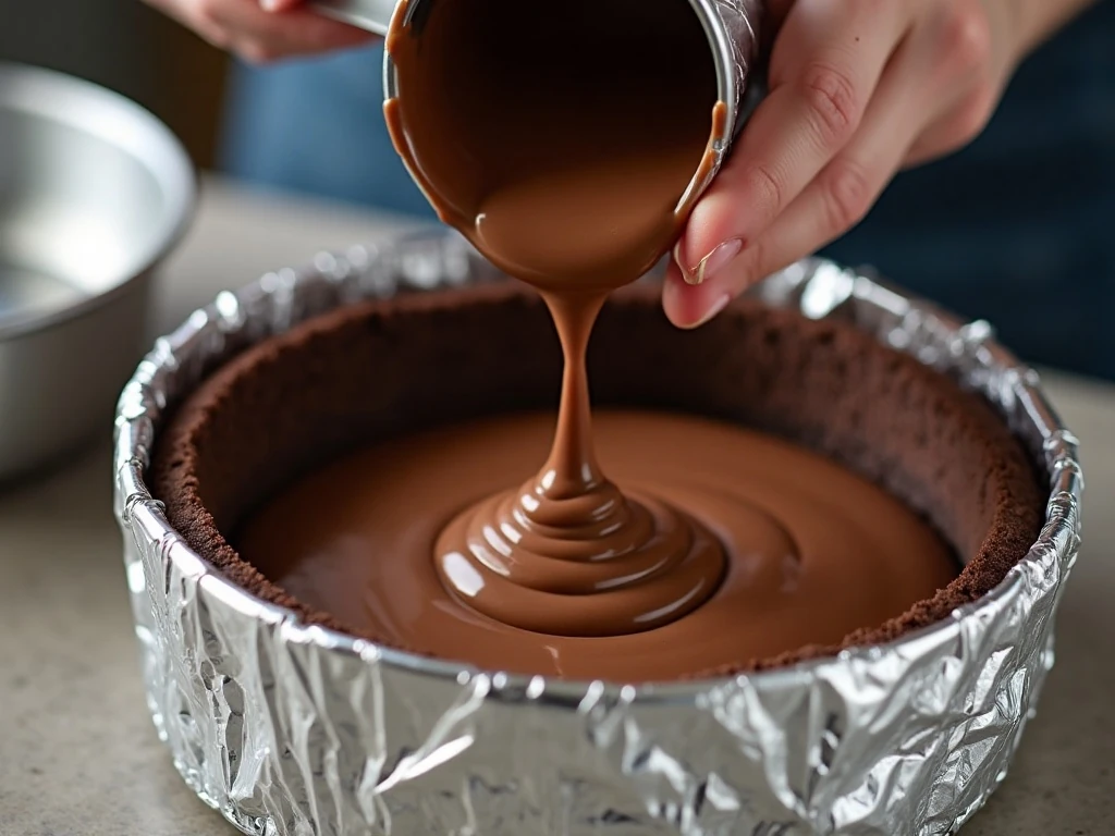 Smooth chocolate cheesecake batter poured over a cookie crust