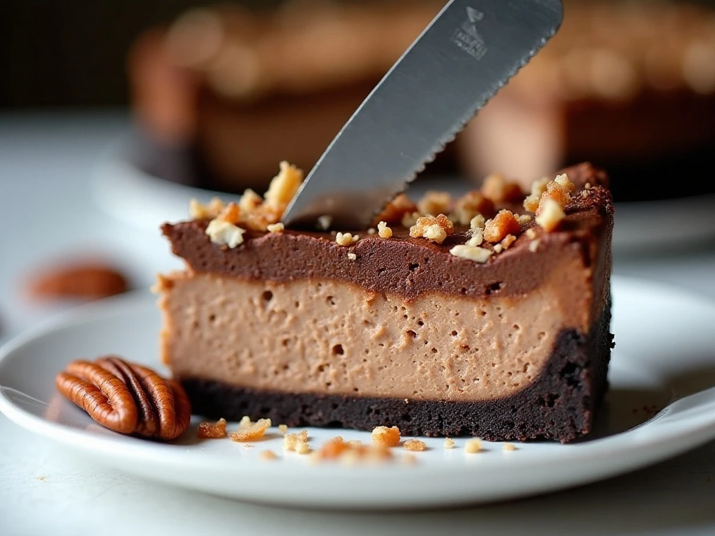 Clean slice of chilled German chocolate cheesecake with coconut and pecans