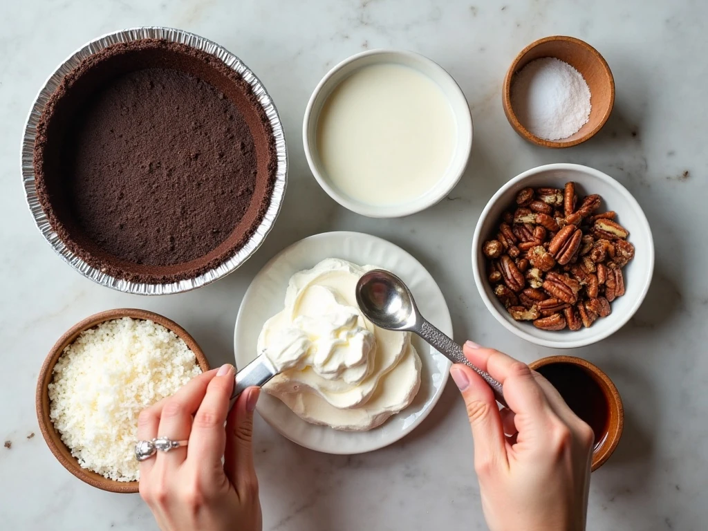 Ingredients for easy no-bake German chocolate pie arranged on a counter