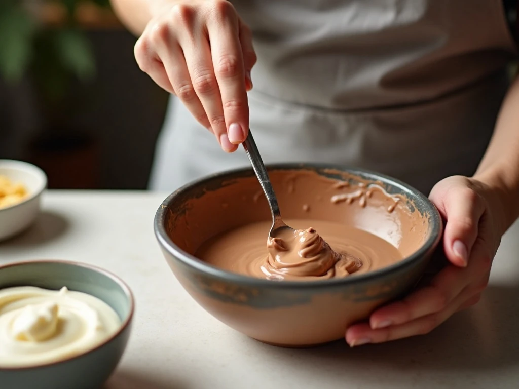 Melted German chocolate being stirred for the no-bake pie filling