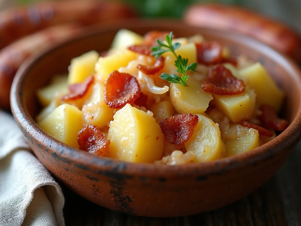 Warm authentic German potato salad with bacon and onion
