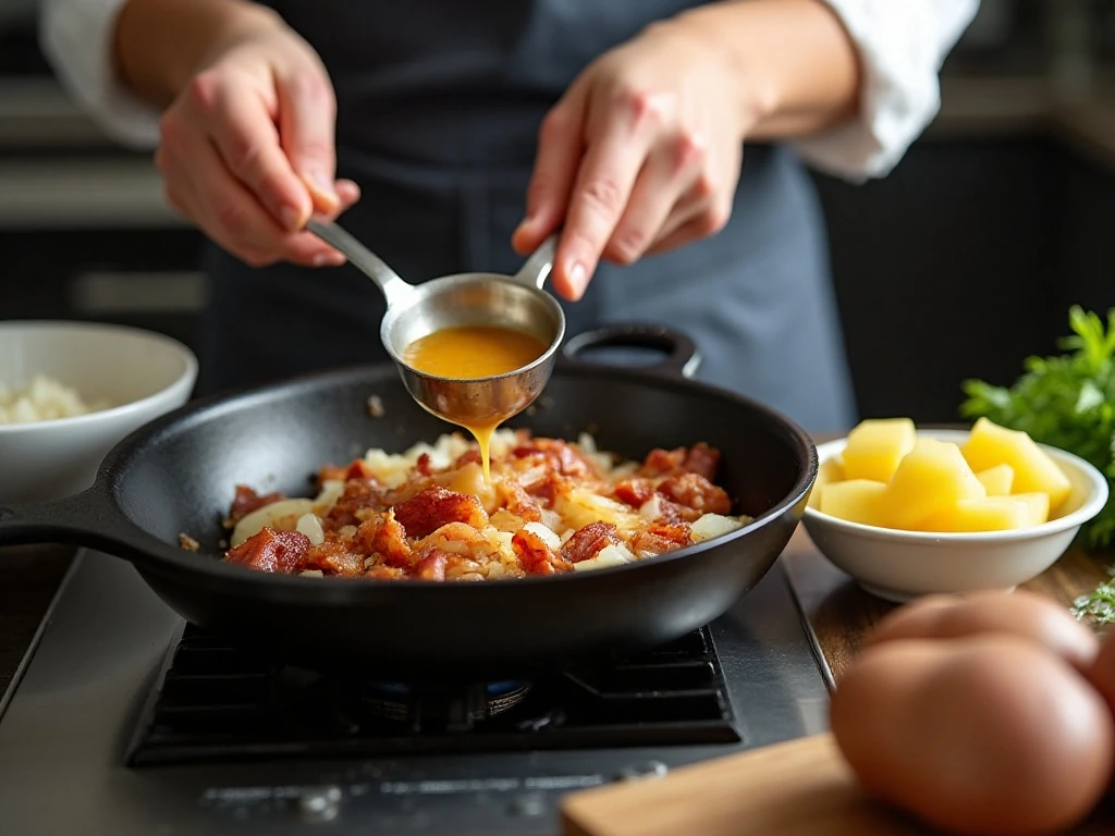 Preparing the warm dressing for German potato salad