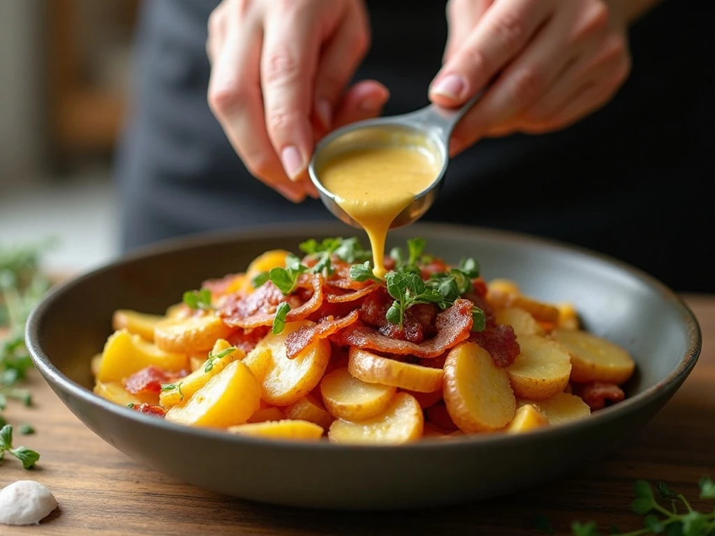 Gently folding warm potatoes with German potato salad dressing
