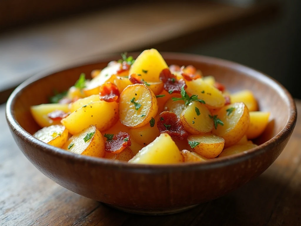 Warm German potato salad with bacon and vinegar dressing in a serving bowl