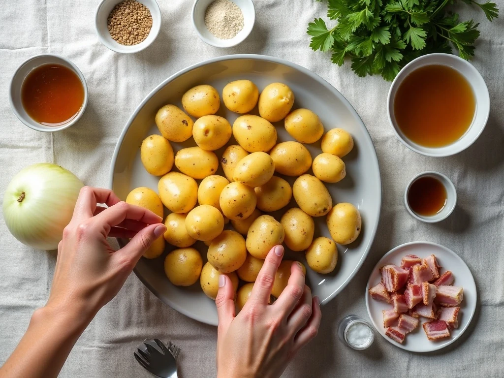 Ingredients for authentic German potato salad arranged for cooking