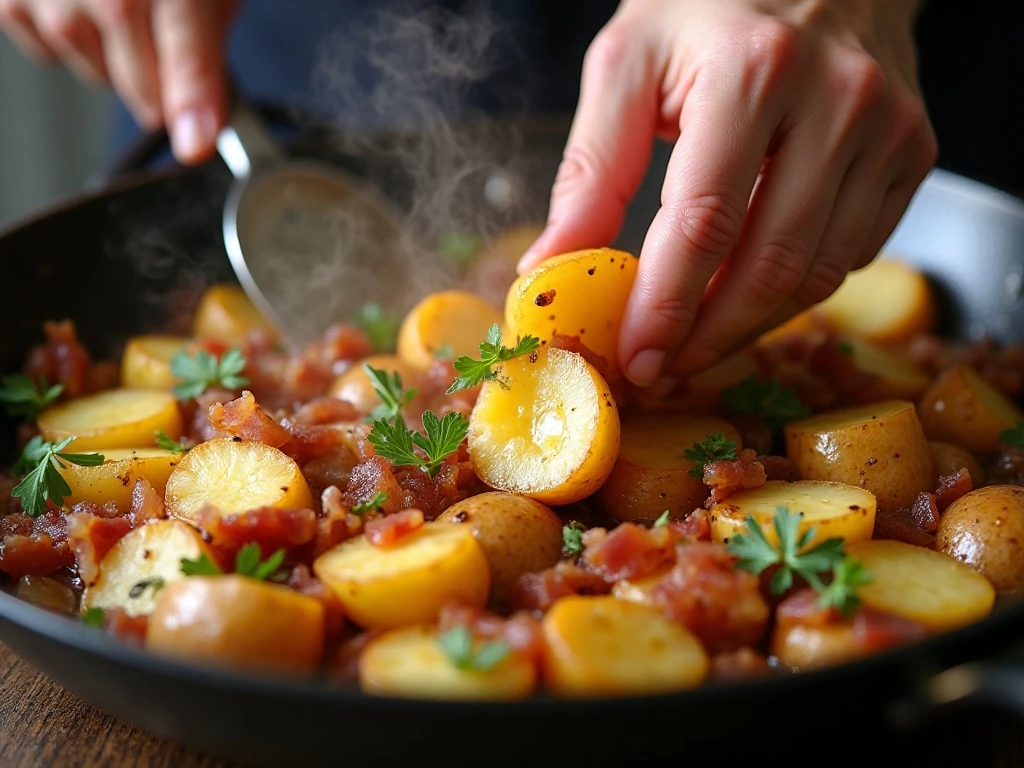 Warm potato slices folded into German potato salad dressing in a skillet