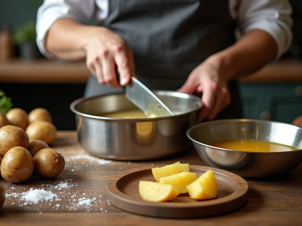 Testing potatoes for tenderness while preparing German potato salad