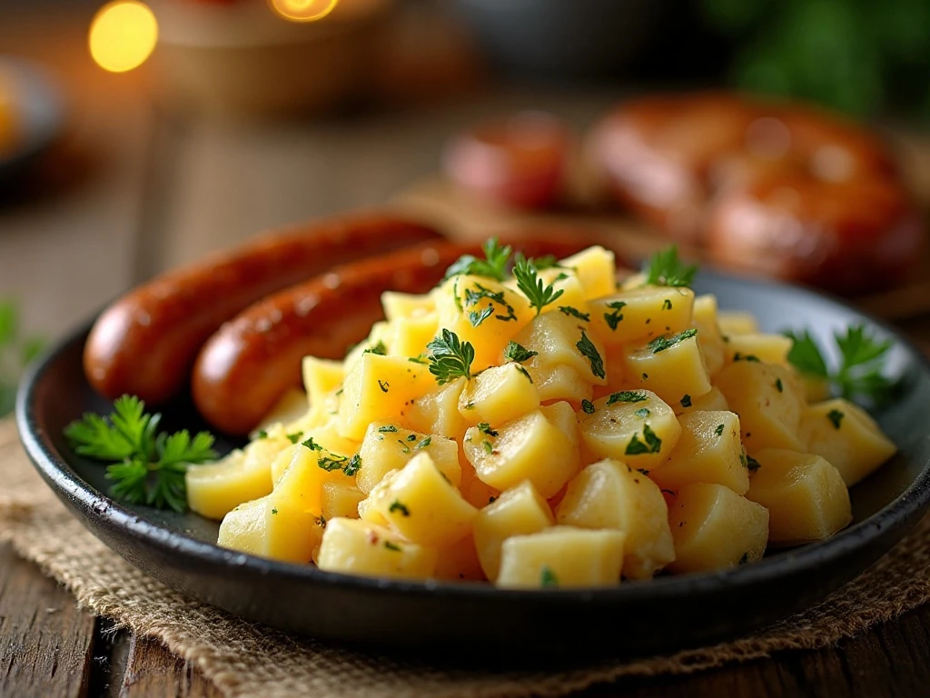 German potato salad served with sausages and roasted meat