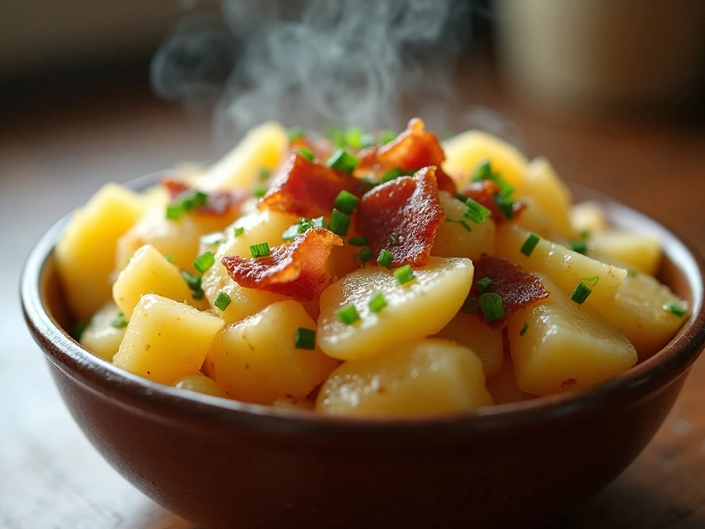 Close-up of reheated German potato salad with bacon and fresh herbs