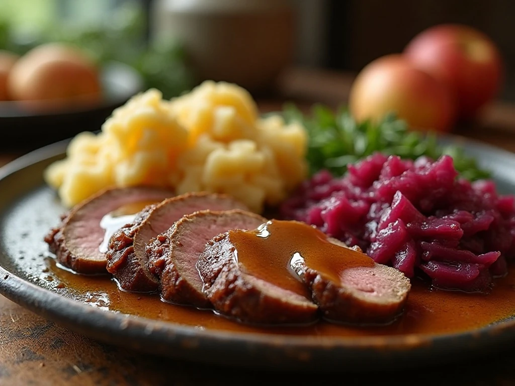 Traditional German Sauerbraten served with gravy, potato dumplings, and red cabbage