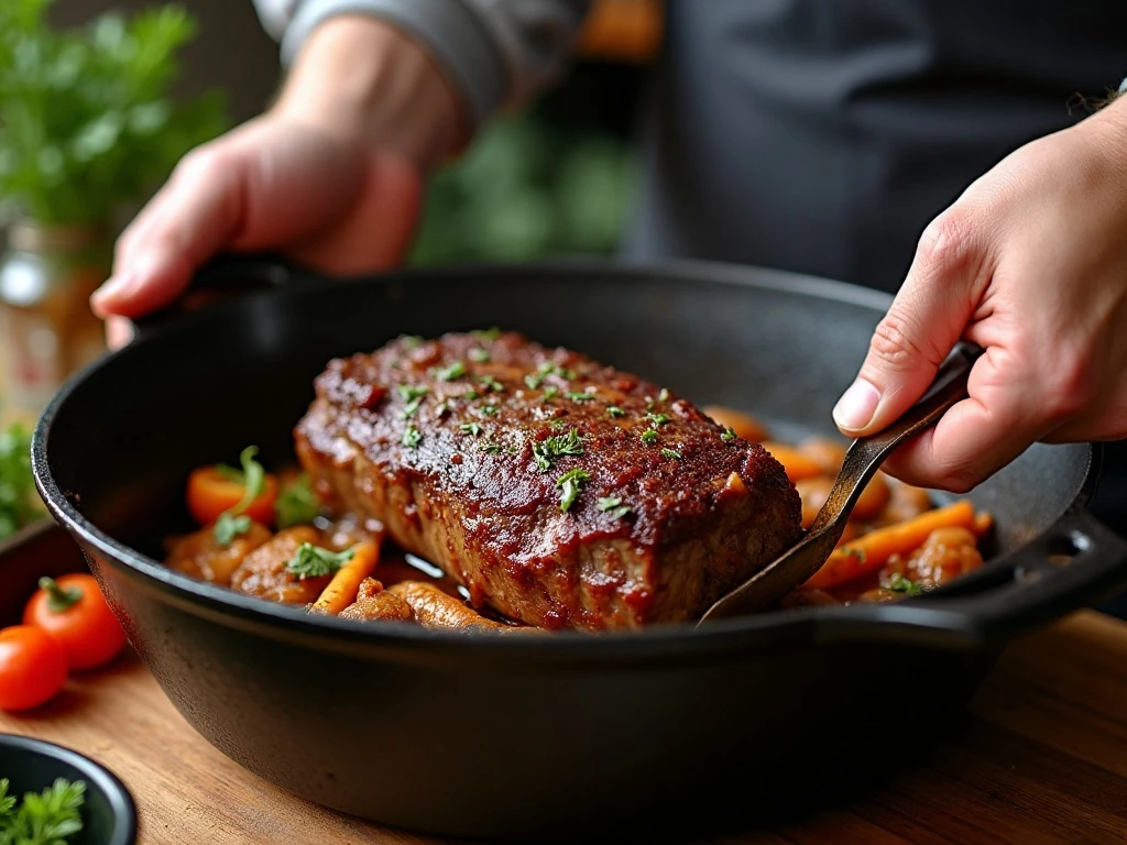 Browning the marinated beef roast for Sauerbraten