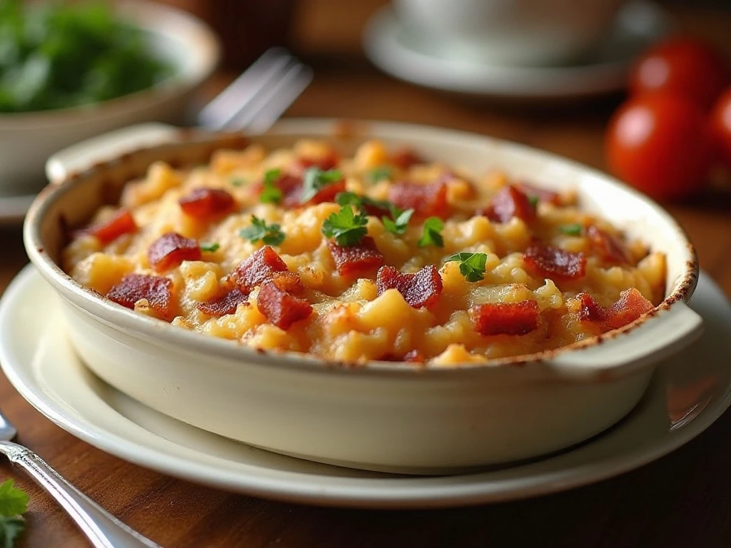 German sauerkraut casserole with bacon and brown sugar served in a baking dish