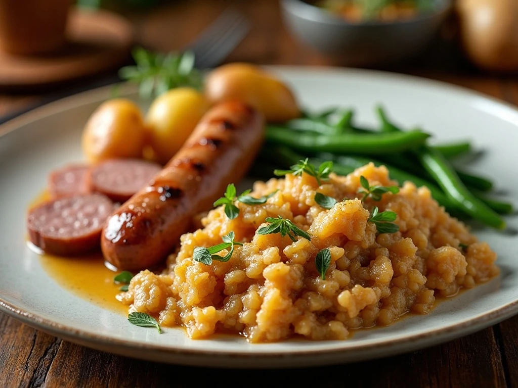 Sauerkraut casserole served with sausage and roasted potatoes