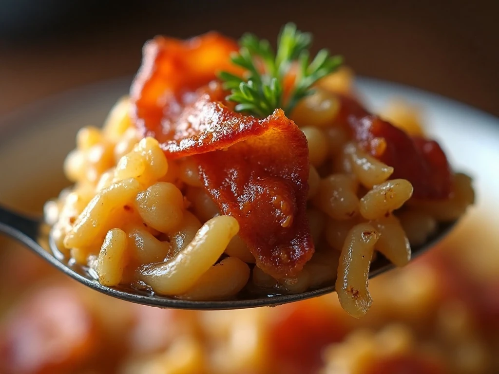 Close-up of browned bacon sauerkraut casserole with caraway seeds