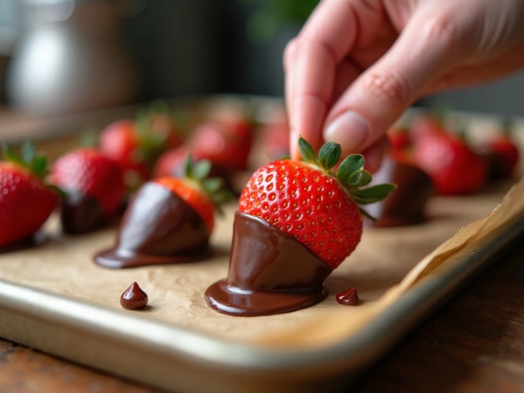 Dipping fresh strawberries into melted Ghirardelli chocolate