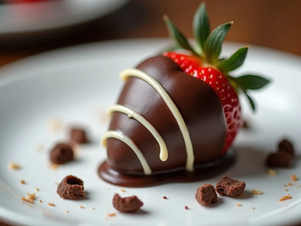Close-up of a chocolate-covered strawberry with white chocolate drizzle