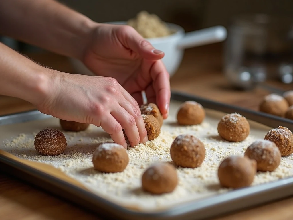 Rolling giant molasses cookie dough balls in sugar