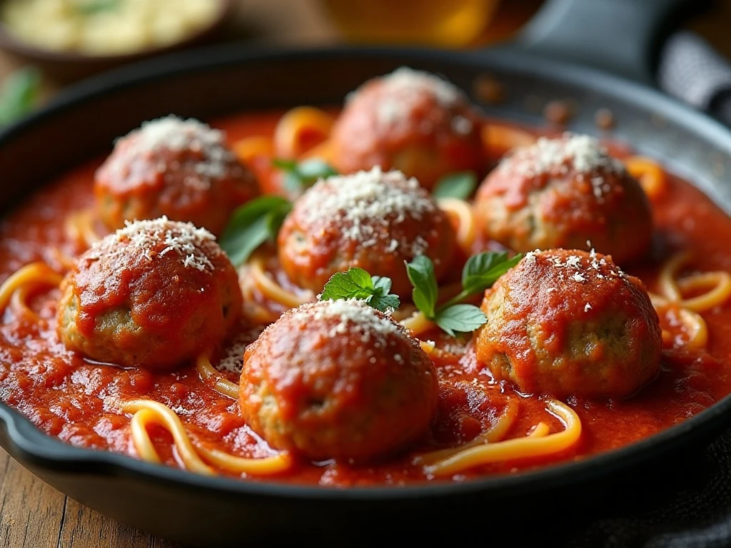 Giant Italian meatballs served in homemade tomato sauce with spaghetti