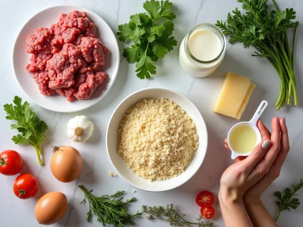 Ingredients for giant Italian meatballs and tomato sauce