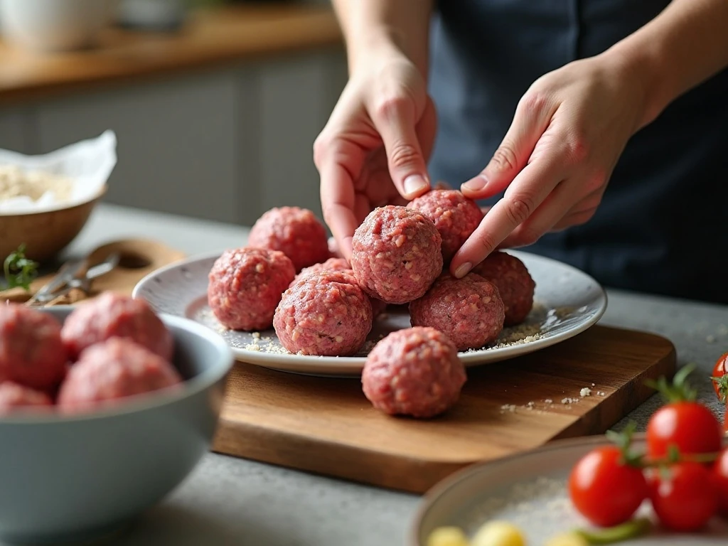 Shaping giant homemade Italian meatballs before browning