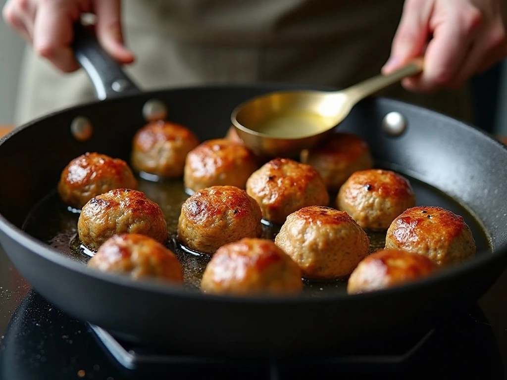 Giant meatballs browning in an ovenproof skillet