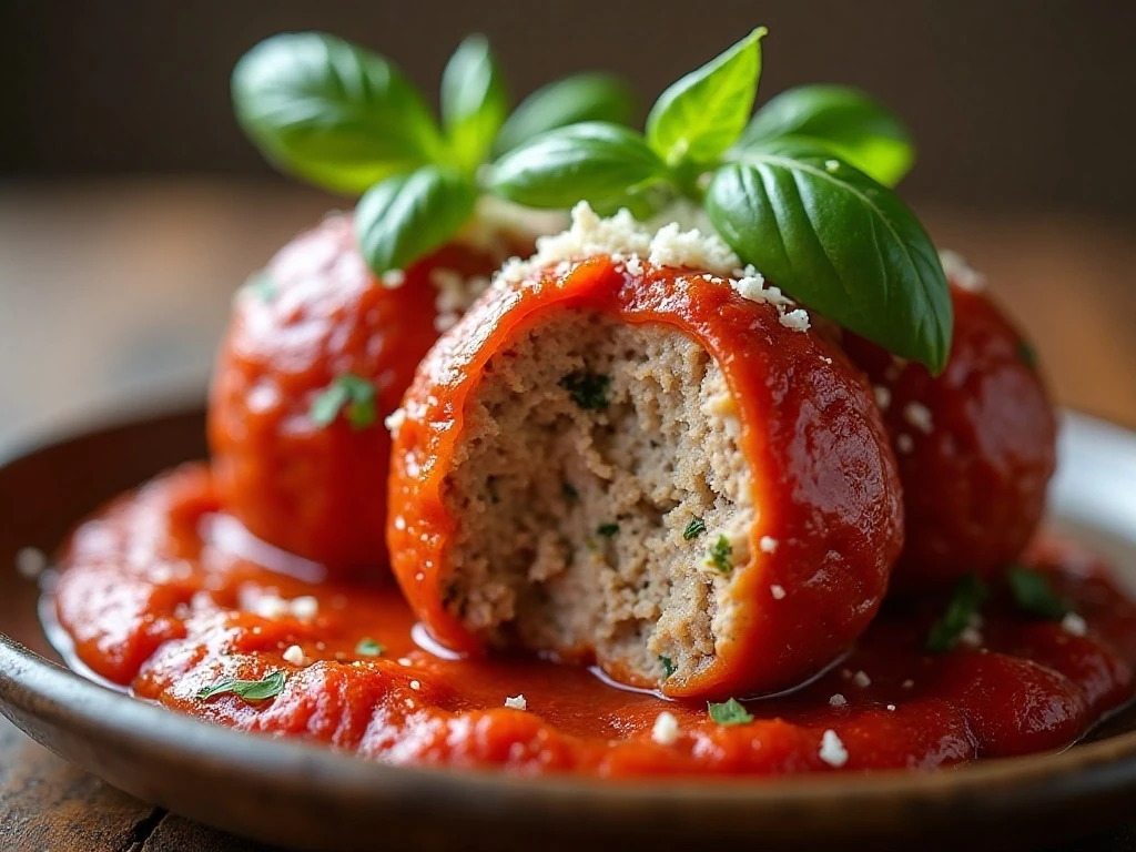 Juicy giant Italian meatball topped with Parmesan and fresh herbs