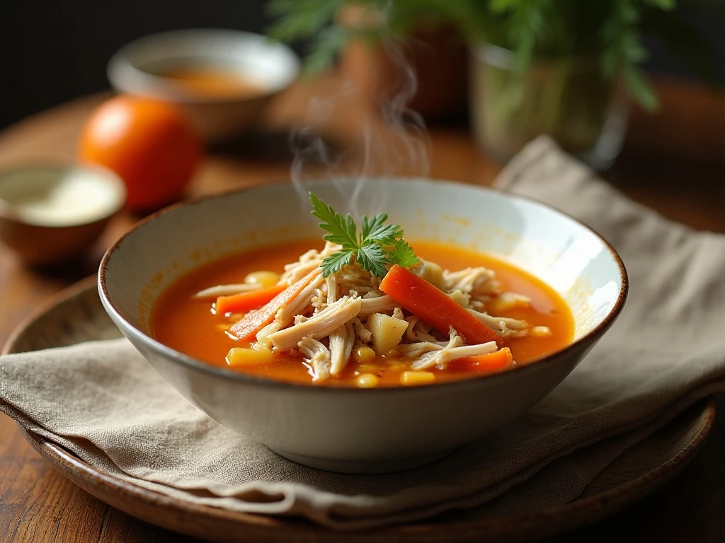 Comforting bowl of ginger chicken soup with tender chicken and vegetables