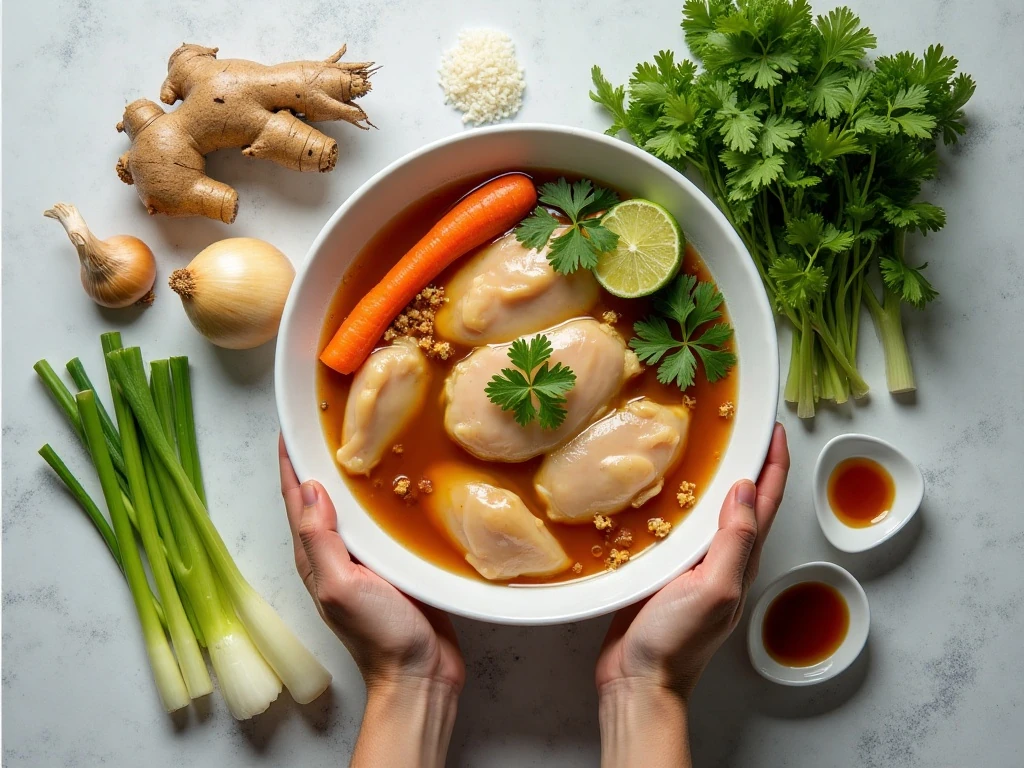 Ingredients for ginger chicken soup arranged for cooking