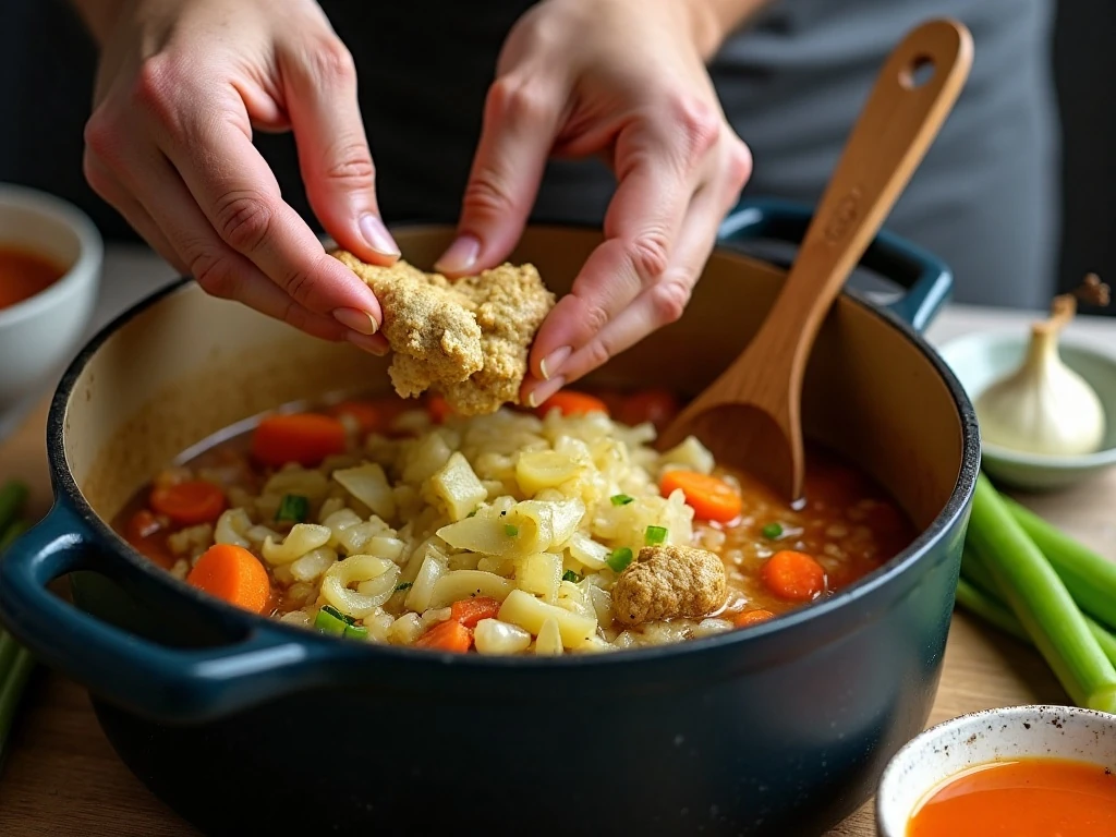 Fresh ginger being grated into the soup pot during preparation