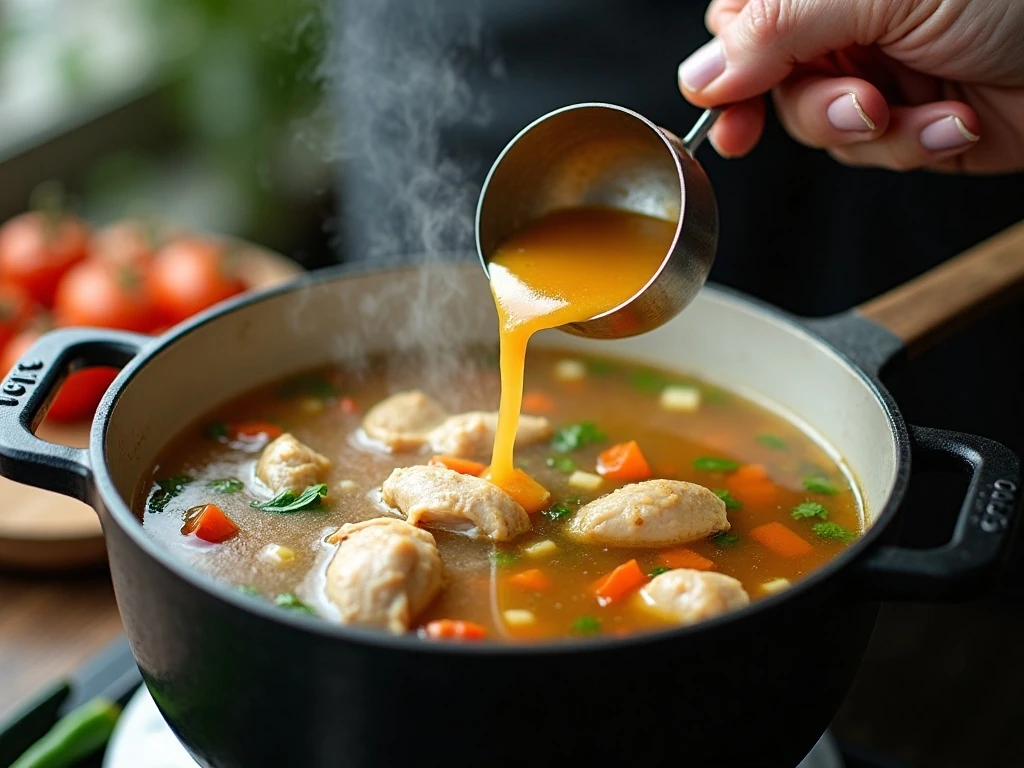 Ginger chicken soup gently simmering for a clear flavorful broth