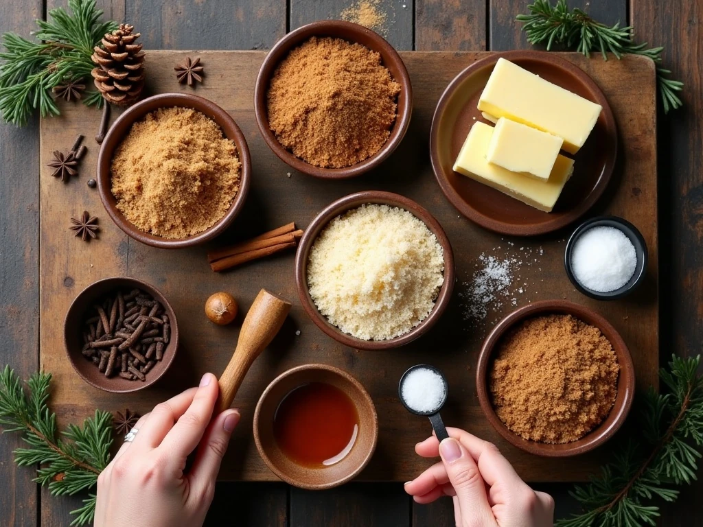 Ingredients for homemade gingerbread butter arranged in a flat lay