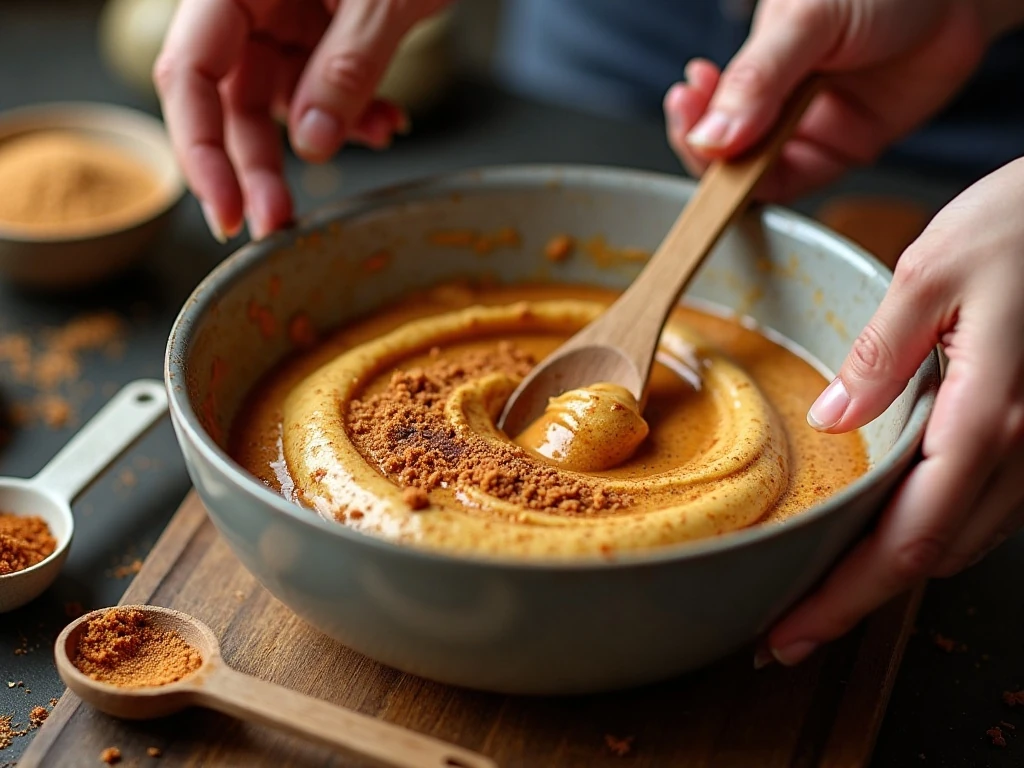 Mixing softened butter with molasses and gingerbread spices