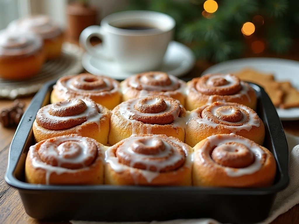 Pan of warm gingerbread cinnamon rolls with cream-cheese icing