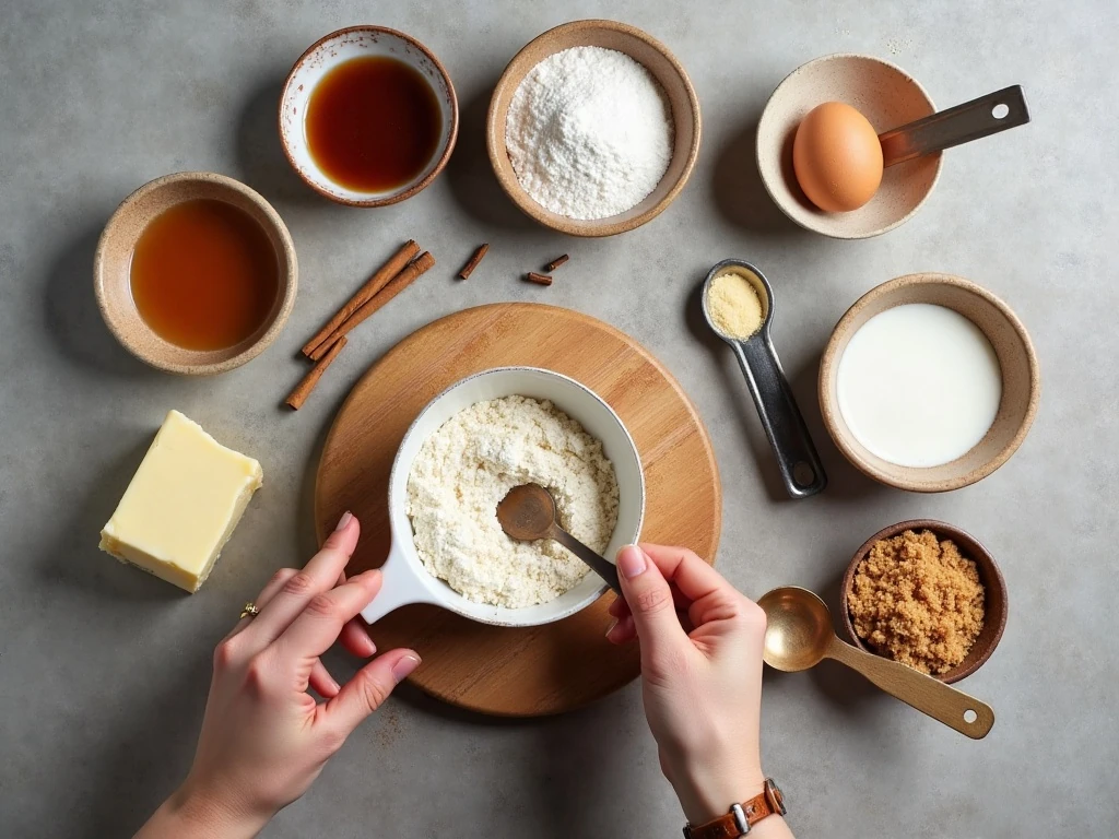 Ingredients for gingerbread cinnamon rolls arranged on a kitchen counter